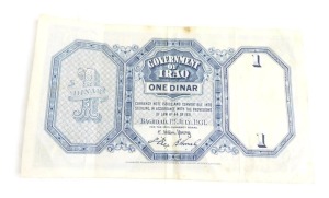 An Iraq 1931 1 Dinar note, serial number A995, 174, bearing names for E Hilton Young al Askary, and Hornsby.
