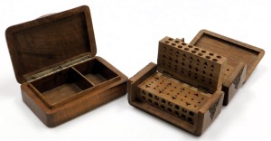 An early 20thC Middle Eastern olive wood cigarette box, with carved foliate decoration, opening to reveal three compartments for cigarettes, 15cm wide, and a further cigarette box, of domed form, the hinged lid opening to reveal a two division interior, 1 - 2