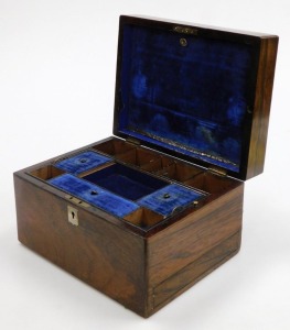 A Victorian rosewood work box, with mother of pearl escutcheons, the hinged lid opening to reveal a fitted interior, with semi secret side drawer, 17cm high, 28cm wide, 21cm deep. - 2