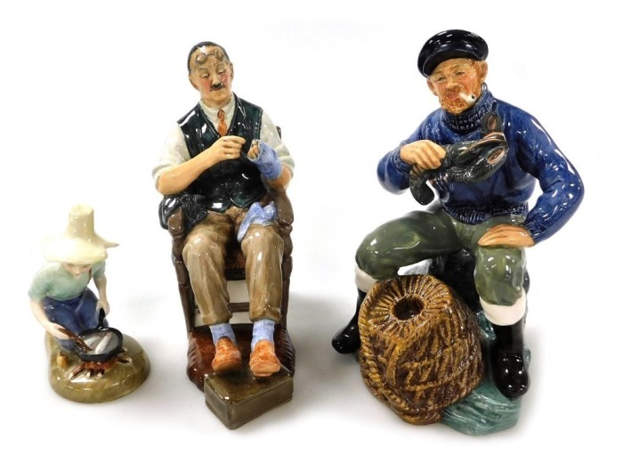 Three Royal Doulton figures, comprising The Bachelor HN2319, The Lobster Man HN2317, and River Boy HN2128.