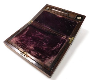 A Victorian rosewood writing slope, with mother of pearl escutcheon, opening to reveal a slope, and fitted compartments, with inkwell and pounce pot, 13cm high, 35.5cm wide, 23cm deep. - 2