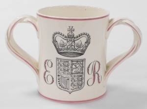 A Royal Doulton pottery loving cup, commemorating the Coronation of Her Majesty Queen Elizabeth II 1953, designed by Milner Gray, printed marks, 14cm high. - 2