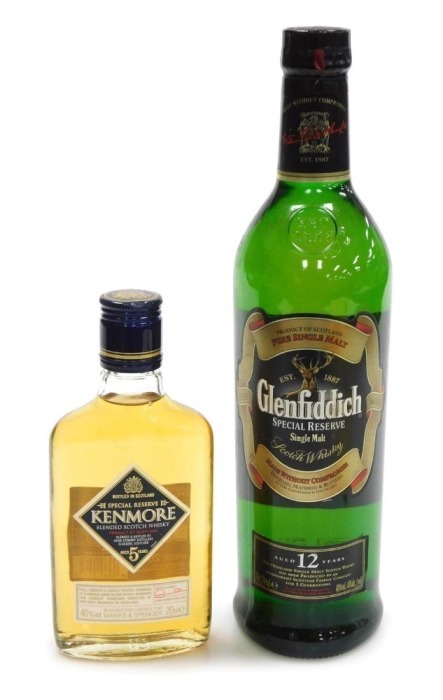 A 70cl bottle of Glenfiddich Special Reserve Scotch Whisky 12 years, together with a 20cl bottle of Kenmore Special Reserve Scotch Whisky, aged 5 years. (2)