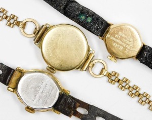 A Talis Incabloc lady's 9ct gold cased wristwatch, circular dial bearing Arabic numerals at evens, seventeen jewelled movement, back presentation engraved, together with two gold plated lady's cased wristwatches. (3) - 2