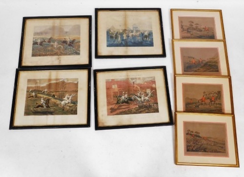 J. Harris after H. Alken. The First Steeple Chase On Record, plates one to four, colour prints, 27cm x 37cm, together with four further prints after Alken, comprising The Death, Finding, Going Out, and Running In View, 18cm x 26cm, five prints by Canadian