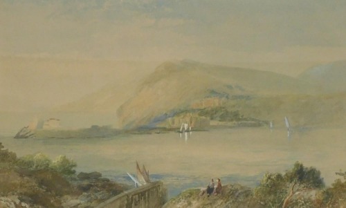 Fredrick Hines (1852-1952). Figures seated before river bank with mountainous landscape to background, watercolour, signed, 27.5cm x 42.5cm.