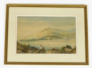Fredrick Hines (1852-1952). Figures seated before river bank with mountainous landscape to background, watercolour, signed, 27.5cm x 42.5cm. - 2