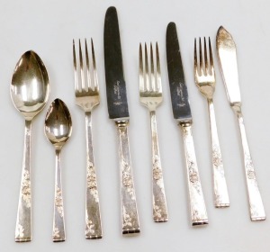 A group of silver plated cutlery, with embossed raised decoration, including table knives and forks, dessert and teaspoons, fish knives and forks. - 2