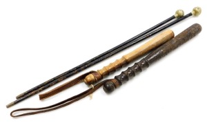 Two early 20thC turned wooden police truncheons, 39cm and 33cm wide, together with two RAF swagger sticks. (4)