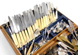 A Victorian oak canteen box, with monogram engraved brass escutcheon, containing assorted plated flatware, 45cm wide. - 2