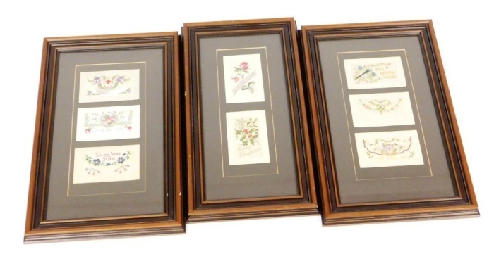 Eight WWI silk postcards, framed as three pictures.