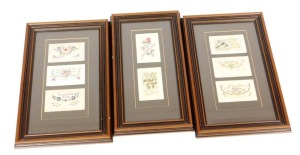 Eight WWI silk postcards, framed as three pictures.