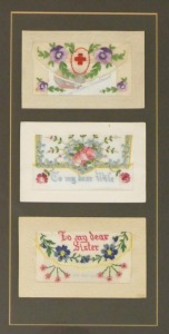 Eight WWI silk postcards, framed as three pictures. - 2