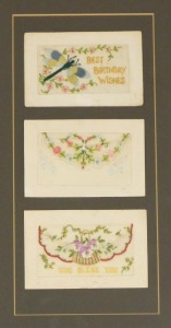 Eight WWI silk postcards, framed as three pictures. - 4