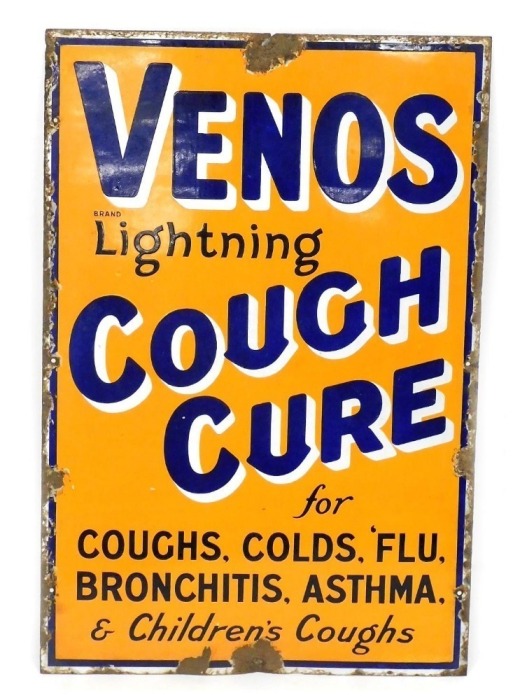 A 20thC enamel sign for Venos Lightning Cough Cure, for Coughs, Cold, Flu, Bronchitis, Asthma, and Children's Coughs, 77cm x 51cm.