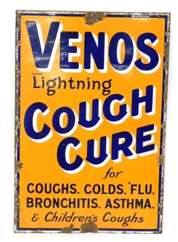 A 20thC enamel sign for Venos Lightning Cough Cure, for Coughs, Cold, Flu, Bronchitis, Asthma, and Children's Coughs, 77cm x 51cm.