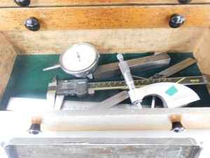 A Moore and Wright oak engineer's chest, the lockable front opening to reveal two short over three long graduated drawers, with a recess below, enclosing assorted tools, with key, 29cm high, 43cm wide, 22cm deep. - 3