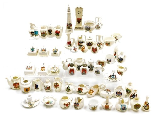 Willow, Tuscan and other crested china, including a model of Blackpool Tower, Arms of Blackpool, swan, Arms of Nottingham, vases, cheese dishes, jugs, etc. (a quantity)