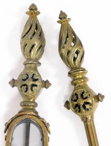 A pair of Victorian brass and copper fireside implements, with pierced decoration, comprising a shovel and pair of tongs, 82cm high. - 2
