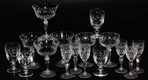 A group of Waterford, Galway and other cut glassware, including champagne and wine glasses.