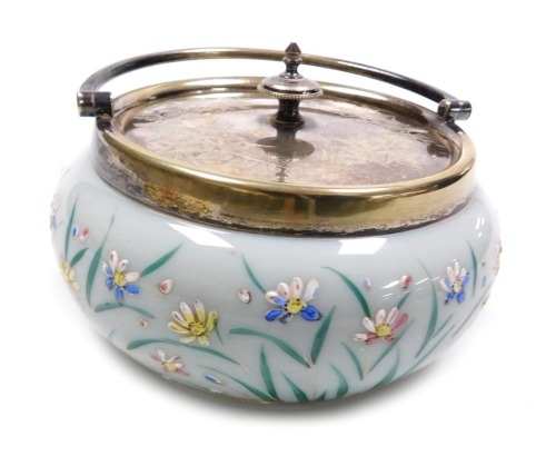 A Victorian turquoise opaline glass and plated biscuit barrel, with foliate engraved lid, the body enamel decorated with flowers, 14cm wide.