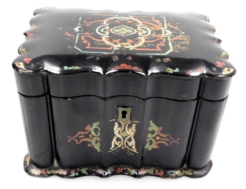 A Victorian papier mache tea caddy, by Lane of Birmingham, of serpentine form, painted and gilded with stylised flowers and foliate scrolls, the hinged lid opening to reveal a twin compartment with lids, impressed marks, 18cm wide.