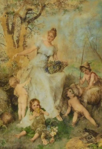 A late 19thC crystoleum depicting a maiden in a woodland setting, with putti, etc., gilt framed, 25.5cm x 17.5cm.