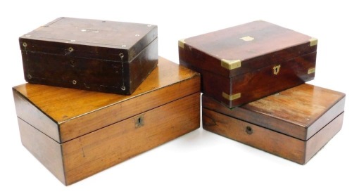 Four Victorian boxes, comprising a walnut writing slope, 17cm high, 40cm wide, 24cm, deep, rosewood writing slope, 30cm wide, 23cm deep, further rosewood box with mother of pearl inlay, 28cm wide, 20cm deep, and a mahogany box, brass bound, 30cm wide, 23