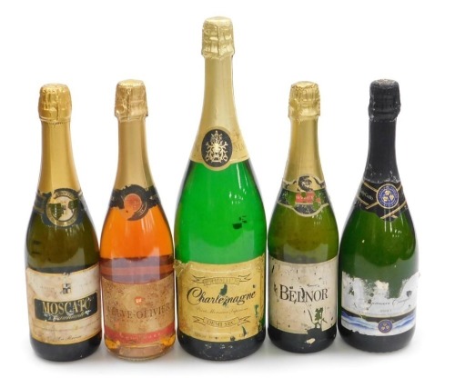 A magnum of Charlemagne Poire Mousseux Superieur Demi Sec, bottle of Sycamore Canyon Brut, Veuve-Olivier brut rose, Moscato Spumante, and Belnor sparkling brut. (5)