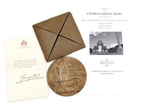 A WWI widow's penny in the name of Charles Ernest Selby, who served in the West Yorkshire Regiment (Prince of Wales's Own), who died on 01 July 1916, commemorated on the Thiepval Memorial, Pier and Face 2 A 2 C and 2 D.