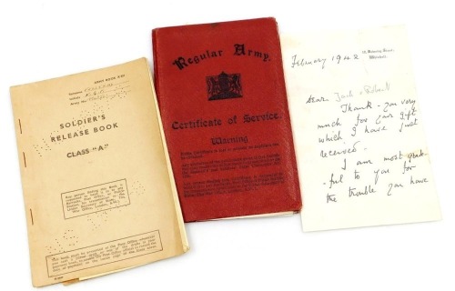 A WWII letter dated February 1942, addressed 10 Downing Street, Whitehall, printed signature by Clementine Spencer Churchill wife of Winston Churchill, Soldier's Release Book for W/Cpl F G P Felstead, RAMC, and a regular Army Certificate of Service for Cp