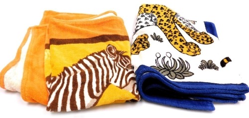 Two Hermes beach towels, one depicting two leopards facing each other, 136cm x 90cm, and the other depicting zebra and calf against a graduated orange background, 136cm x 90cm.