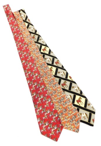 Three equestrian related silk ties, comprising Hermes, Aquascutum, and The Custom Shop Shirt Makers.