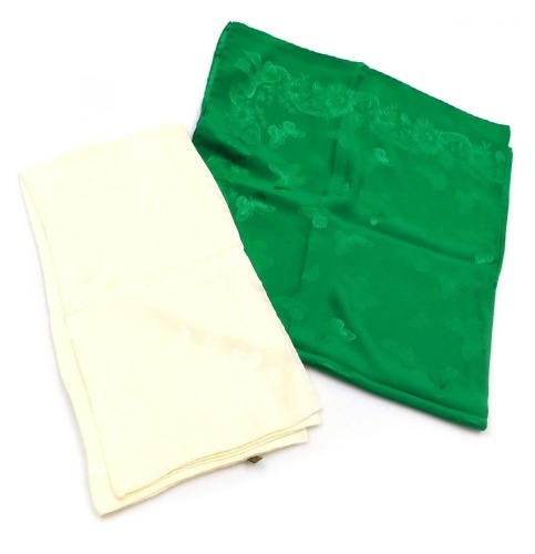 Two Aquascutum silk scarves, in cream and green.