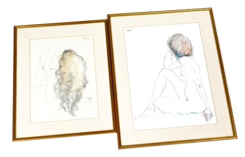 Henry Richard Bird (British, 1909-2000). Seated nude, kneeling nude, mixed media, signed, 48cm x 35.5cm, 38cm x 28.5cm. (2)