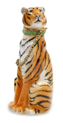 A Halcyon Days porcelain and gilt silver scent bottle, modelled as a Siberian tiger, 8cm high, boxed with outer case.