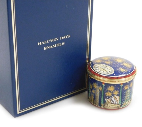 Halcyon Days porcelain and enamel music box, to commemorate the Millennium, the movement playing music for Royal Fireworks by Handel, limited edition number 341 of 1000, boxed.