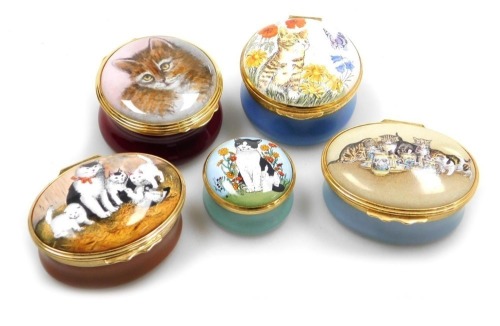 Five enamel trinket boxes, each depicting cats, to include Halcyon Days, Crummels & Co, etc.