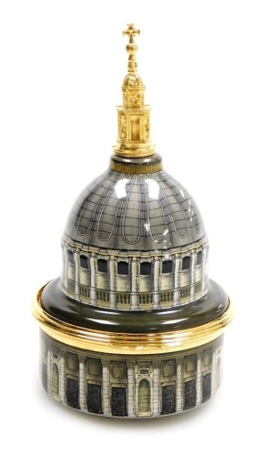 A Halcyon Days porcelain musical box, modelled as the dome of St Paul's Cathedral, musical movement playing an extract from Jesu Joy Of Man's Desiring by Bach, cantata 147, 10cm high, with certificate of authenticity, boxed.