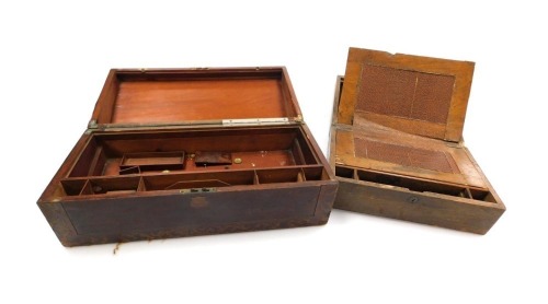 A Victorian mahogany and inlaid writing slope, with a partially fitted interior, 18cm high, 21cm wide, 25cm deep, together with a Victorian walnut and inlaid writing slope, 35cm wide, 23cm deep. (2, AF)
