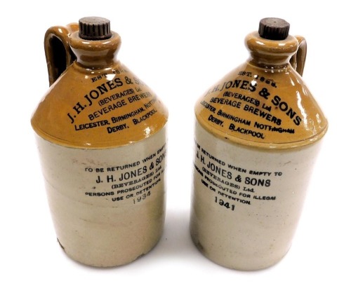 A pair of mid century two tone stoneware brewery flagons, for J H Jones & Sons (Beverages) Ltd, Beverage Brewers, Leicester, Birmingham, Nottingham, Derby and Blackpool, one dated 1934, the other 1941, with stoppers, 28cm high.