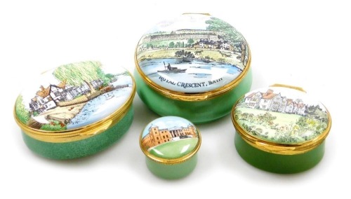 Four enamel trinket boxes, comprising Chelsea Enamels The Waterside Inn, 6.5cm wide, The Royal Crescent Hotel Bath, 6cm diameter, Old Bilston Battersea Tradition Asprey, 3cm diameter, and Crummles & Co Le Manoir aux Quat'Saisons, 5cm wide.