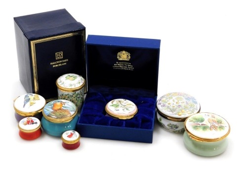 Eight enamel trinket boxes, to include Halcyon Days, Crummles & Co, Kingsley Enamels, etc., scenes to include kingfishers, Christmas scenes, beehives, etc., one boxed.