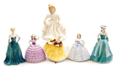 Two Royal Doulton figures, modelled as Amanda HN2996, and Kirsty HN3743, together with four Coalport figures, comprising Debutante of the Year 1996 Cinderella's Ball, Debutante Kirsty, Minuets Chloe, and Minuets Abigail. (6)