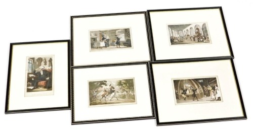 After Thomas Rowlandson (British, 1756-1827). Doctor Syntax, Stopt by Highwaymen, The Revd. Doctor Syntax, Doctor Syntax Copying the Whit of the Window, Doctor Syntax in the Glass'House and Syntax Preaching, coloured engravings, published by Ackermann's R