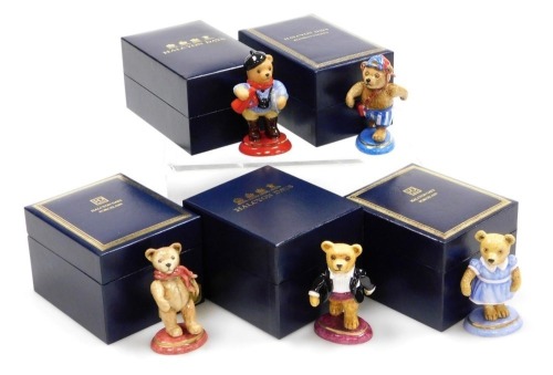 Five Halcyon Days porcelain Teddy Of The Year figures, to include 1994, 1996, etc., boxed.