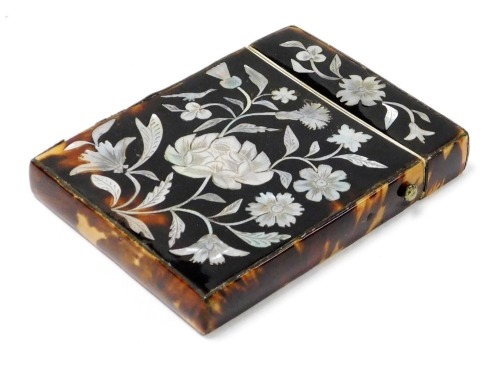 A Victorian tortoiseshell and mother of pearl inlaid calling card case, decorated with flowers, with an oval silver plaque to the lid engraved 'Lord Leveson', 10.5cm x 7.5cm.