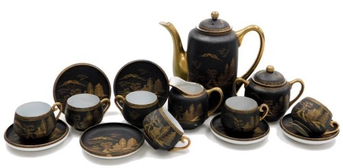 A Japanese porcelain coffee service, decorated in gilt on a brown ground, comprising coffee pot, sucrier and cream jug, six cups and six saucers.