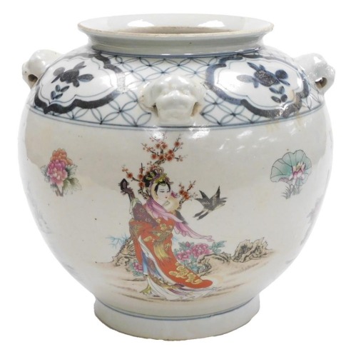 An early 20thC Chinese famille rose vase, decorated with a band of deities in garden settings and an inscription, all beneath a band of floral vignettes and flowers in underglaze blue, 24cm high.