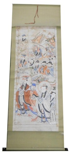 A 19thC Chinese painting depicting various figures, with swords and banners, a calligraphy cartouche to bottom left hand corner, ink on paper, 200cm x 70cm. (AF)